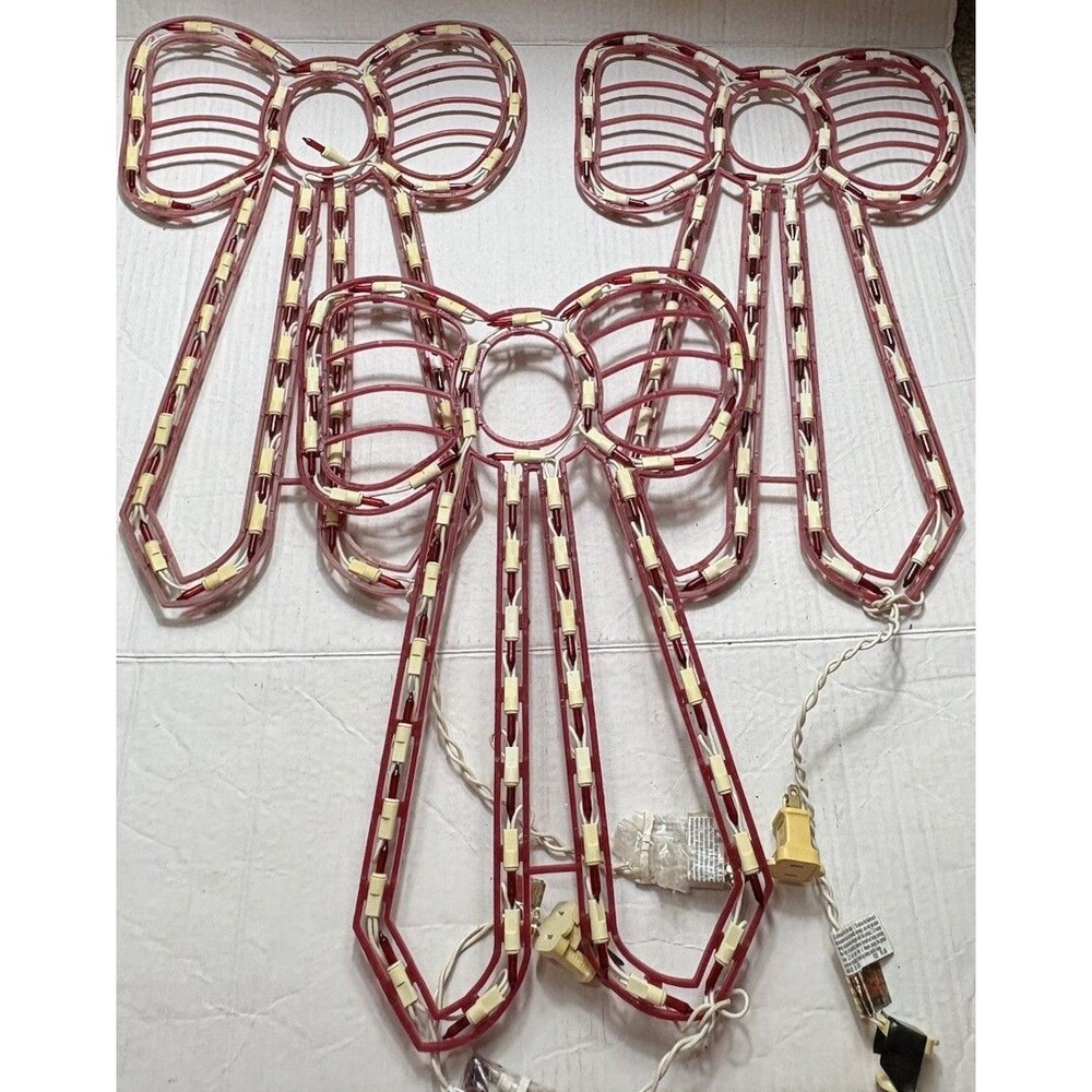 Vintage Christmas Lighted Bow Decorations Red Lights Set of 3 Large 30”